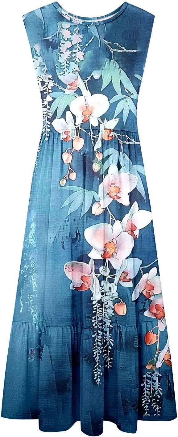 Midi Dresses for Women Elegant Halter Dress Pleated Flowy Comfortable Soft Dress Summer Outing Dresses with Pockets