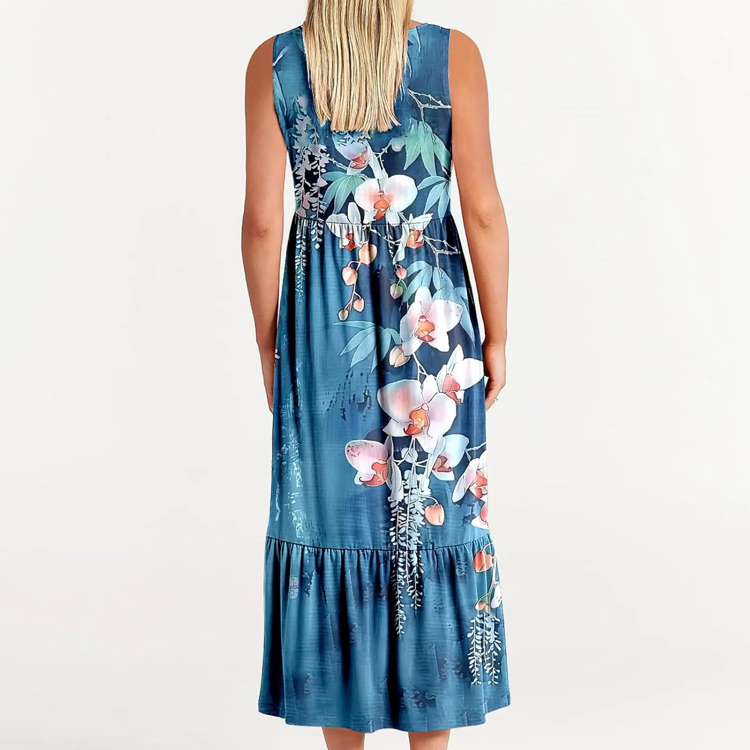 Midi Dresses for Women Elegant Halter Dress Pleated Flowy Comfortable Soft Dress Summer Outing Dresses with Pockets