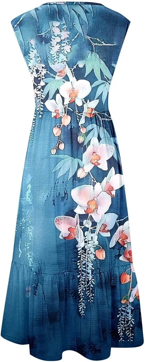 Midi Dresses for Women Elegant Halter Dress Pleated Flowy Comfortable Soft Dress Summer Outing Dresses with Pockets