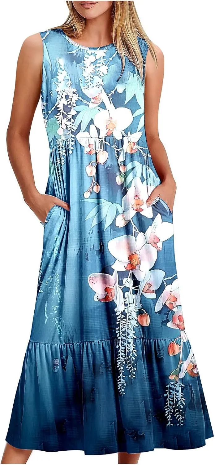Midi Dresses for Women Elegant Halter Dress Pleated Flowy Comfortable Soft Dress Summer Outing Dresses with Pockets