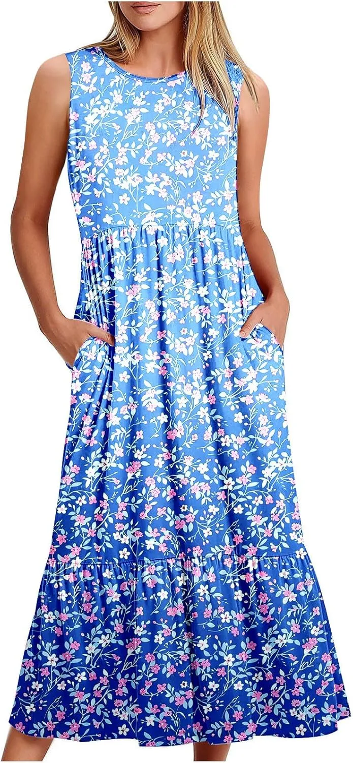 Midi Dresses for Women Elegant Halter Dress Pleated Flowy Comfortable Soft Dress Summer Outing Dresses with Pockets