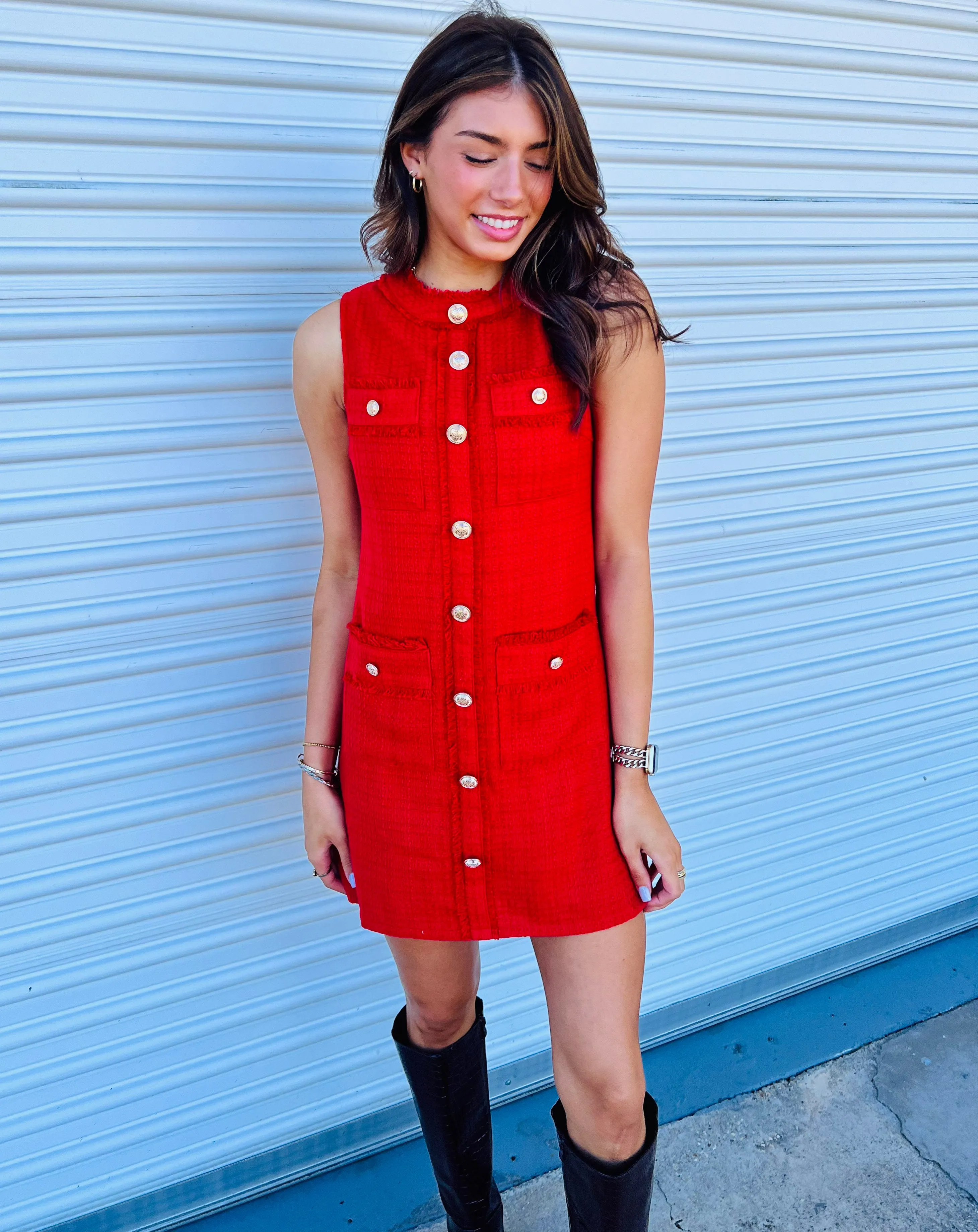 MODERNLY CHIC RED TWEED MINI DRESS