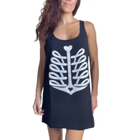 Nautical Goth Ribcage Heart Print Black Tank Top - Xtra Long Black Tank top