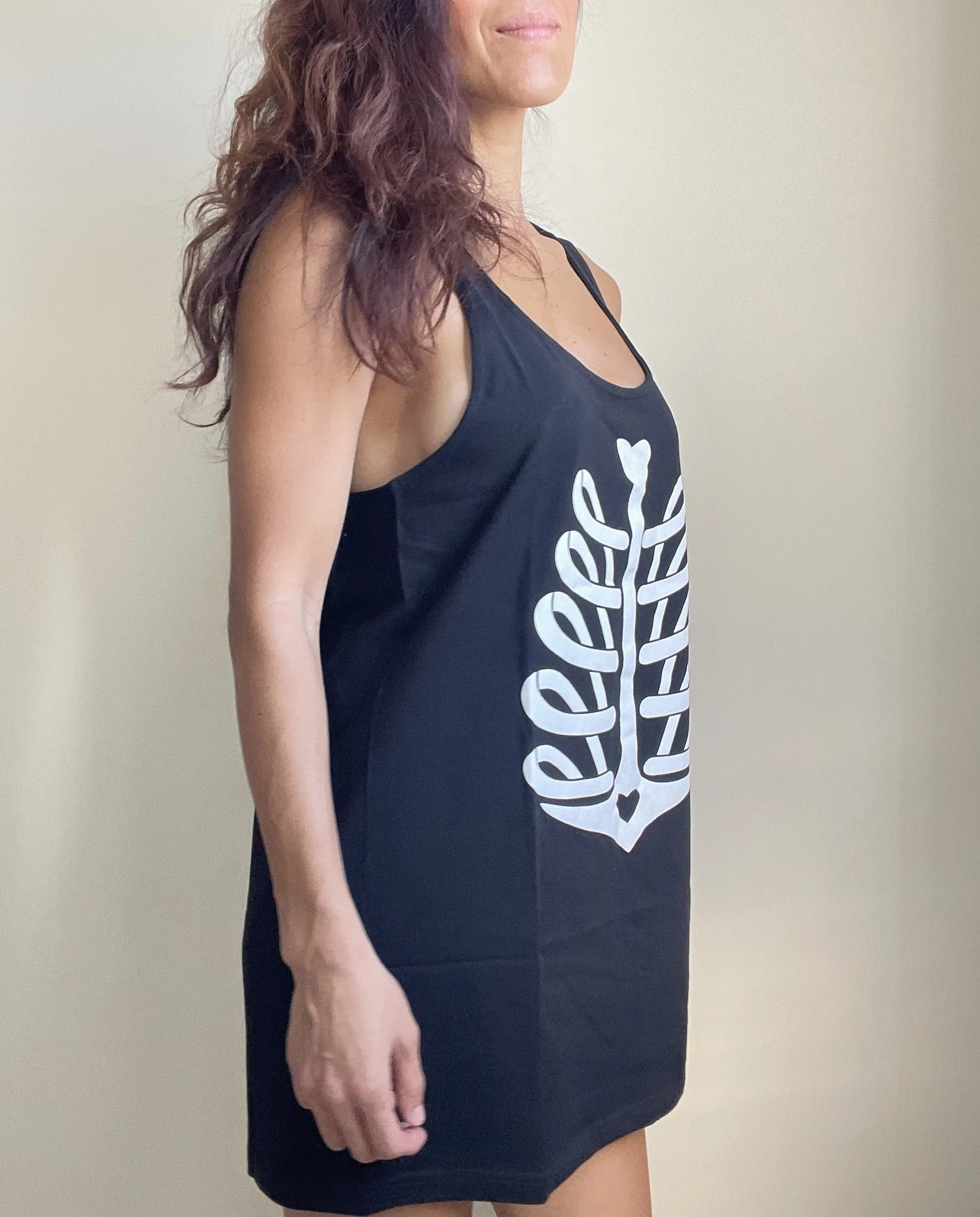 Nautical Goth Ribcage Heart Print Black Tank Top - Xtra Long Black Tank top