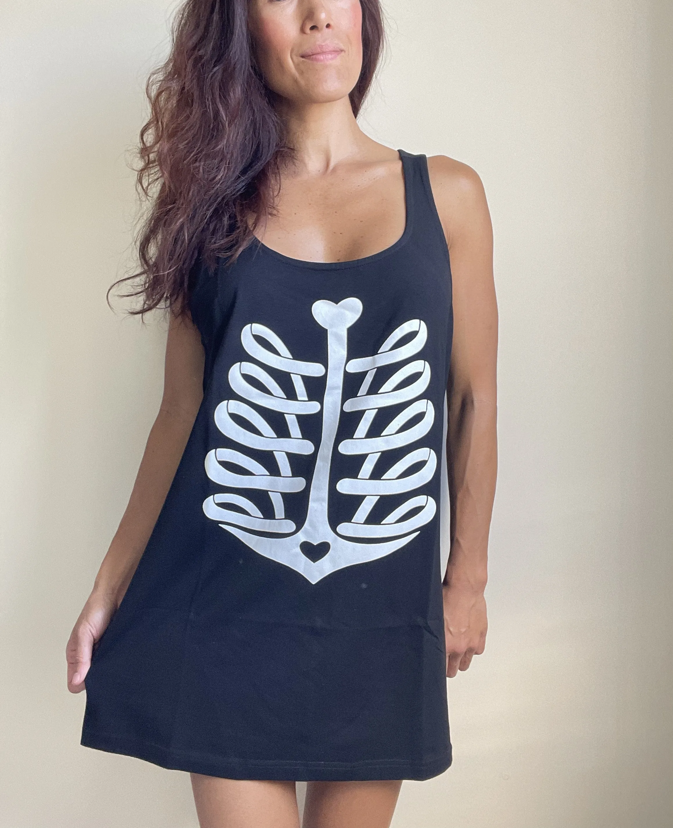 Nautical Goth Ribcage Heart Print Black Tank Top - Xtra Long Black Tank top