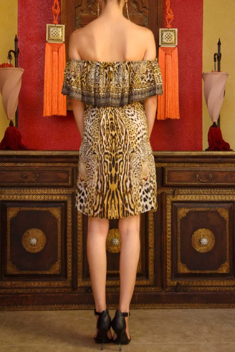 Off Shoulder Short Animal Print Dress