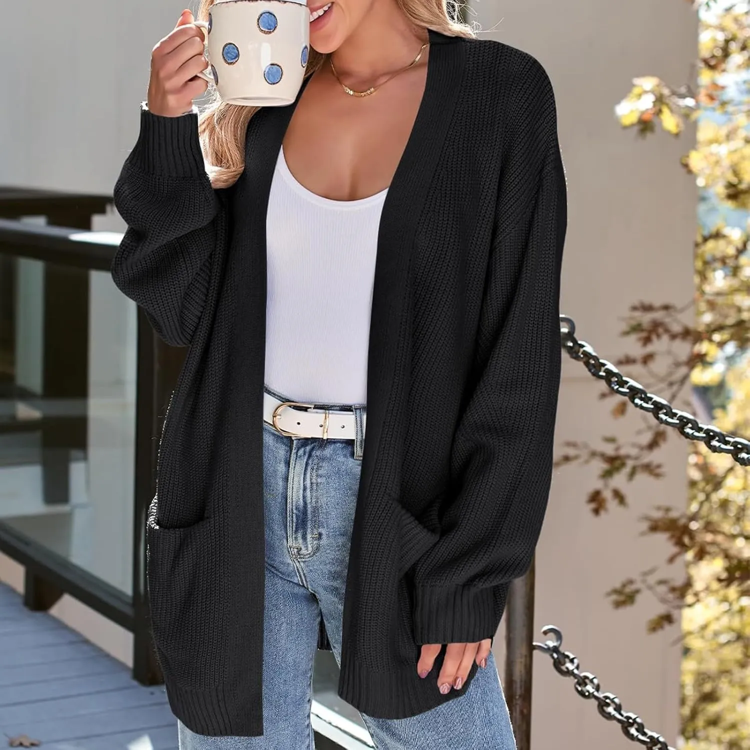 Oversized Cardigans for Women Soft Long Sleeve Cable Knit Sweater Open Front Chunky Knit Cardigan with Pockets