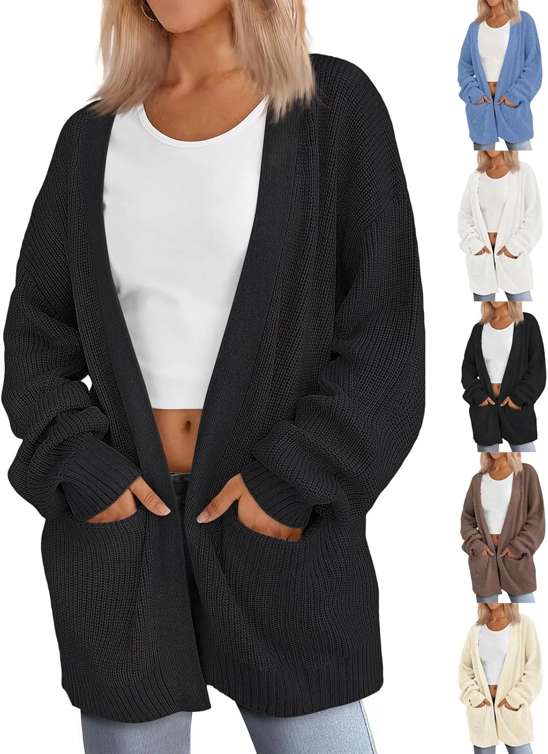 Oversized Cardigans for Women Soft Long Sleeve Cable Knit Sweater Open Front Chunky Knit Cardigan with Pockets