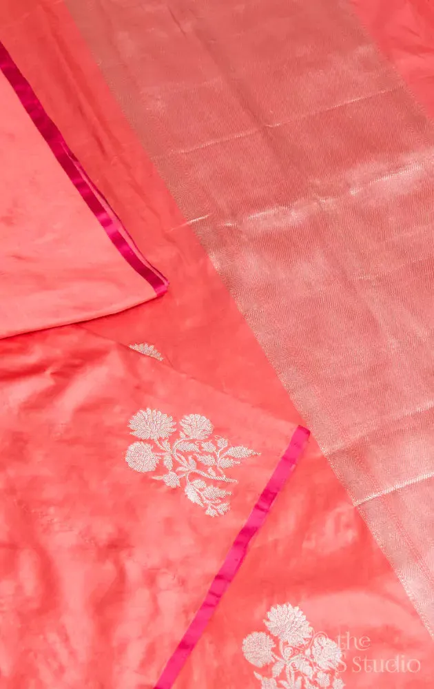 Peach silver buttas banarasi silk saree with brocade blouse