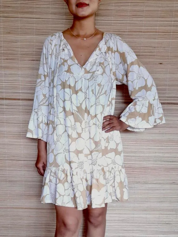 SHORT DRESS MONA in Print Grey and Flower White/ Sand