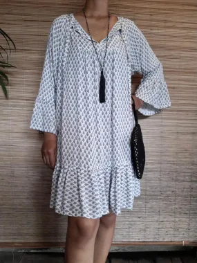 SHORT DRESS MONA in Print Grey and Flower White/ Sand