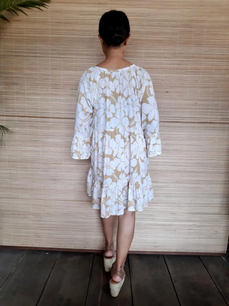SHORT DRESS MONA in Print Grey and Flower White/ Sand