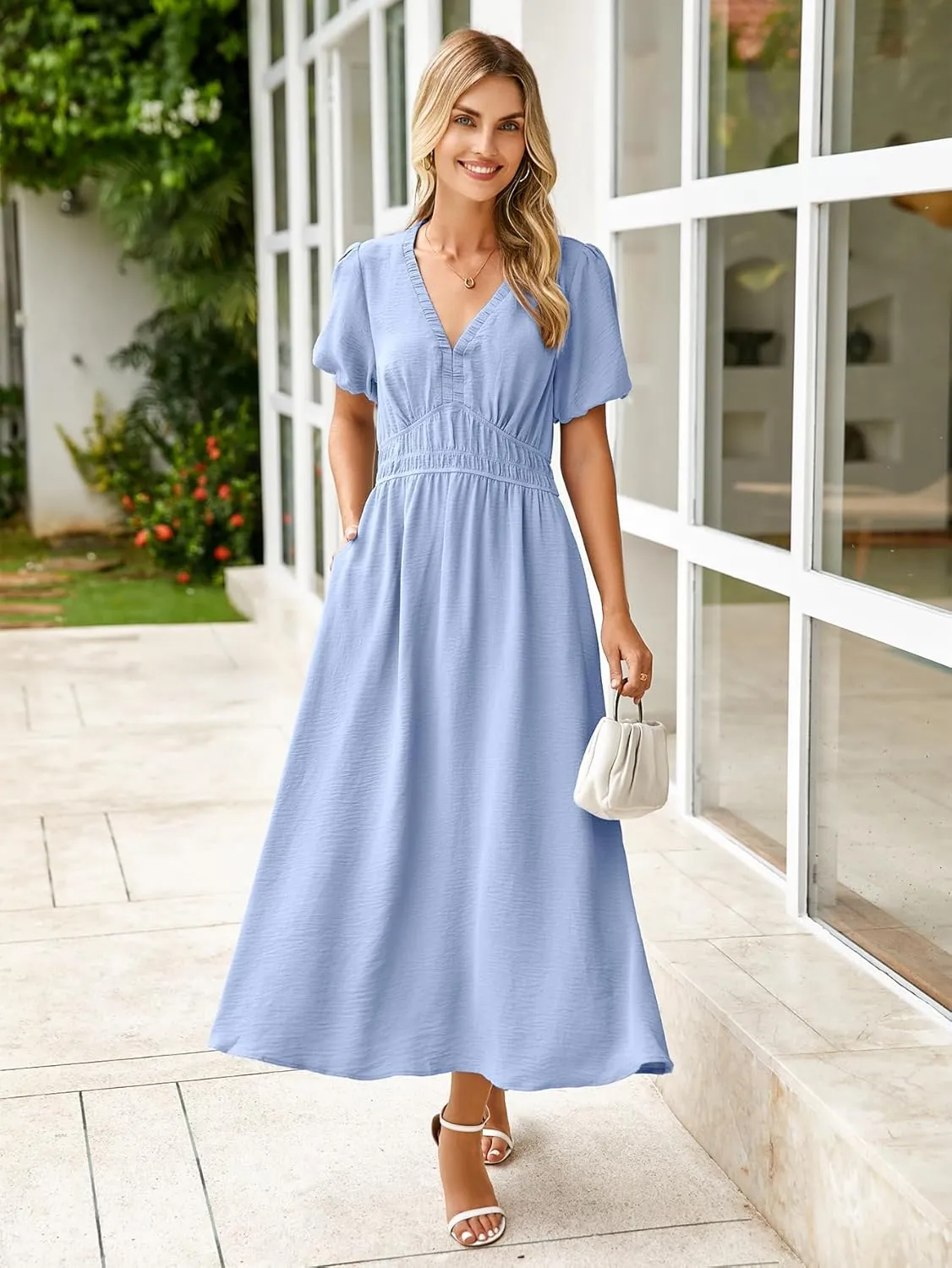 Simplee Women's Summer Flowy Midi Dress Casual V Neck Short Sleeve Empire Waist Boho Beach Dress Wedding Guest Maxi Dress
