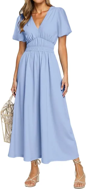 Simplee Women's Summer Flowy Midi Dress Casual V Neck Short Sleeve Empire Waist Boho Beach Dress Wedding Guest Maxi Dress