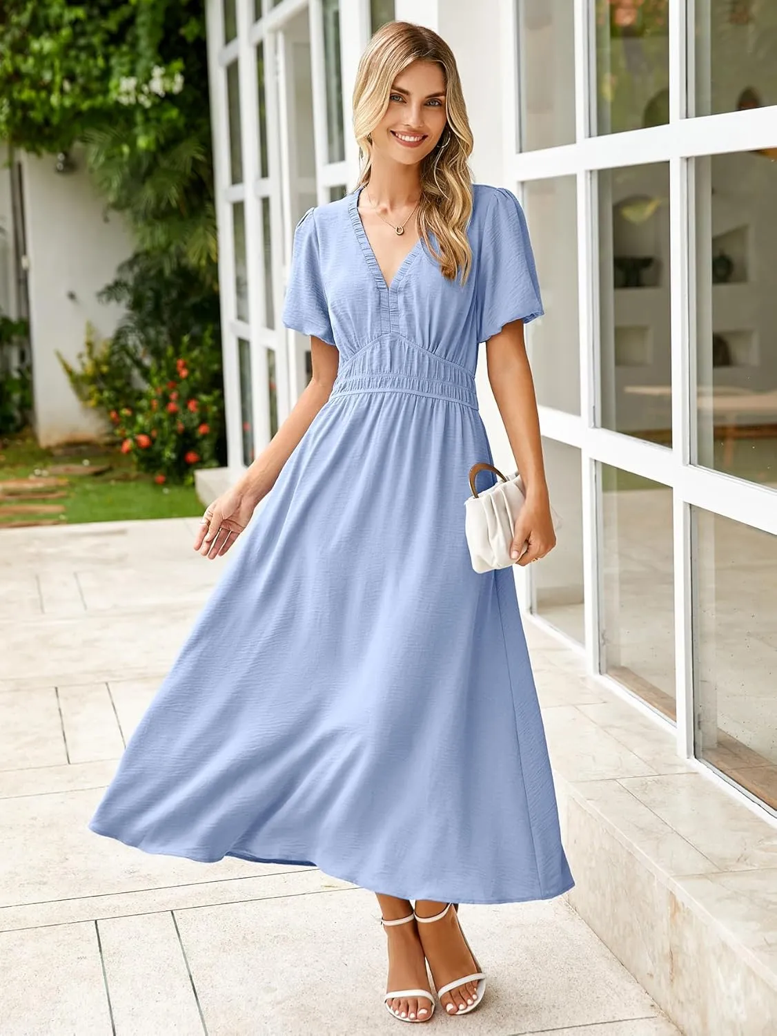 Simplee Women's Summer Flowy Midi Dress Casual V Neck Short Sleeve Empire Waist Boho Beach Dress Wedding Guest Maxi Dress