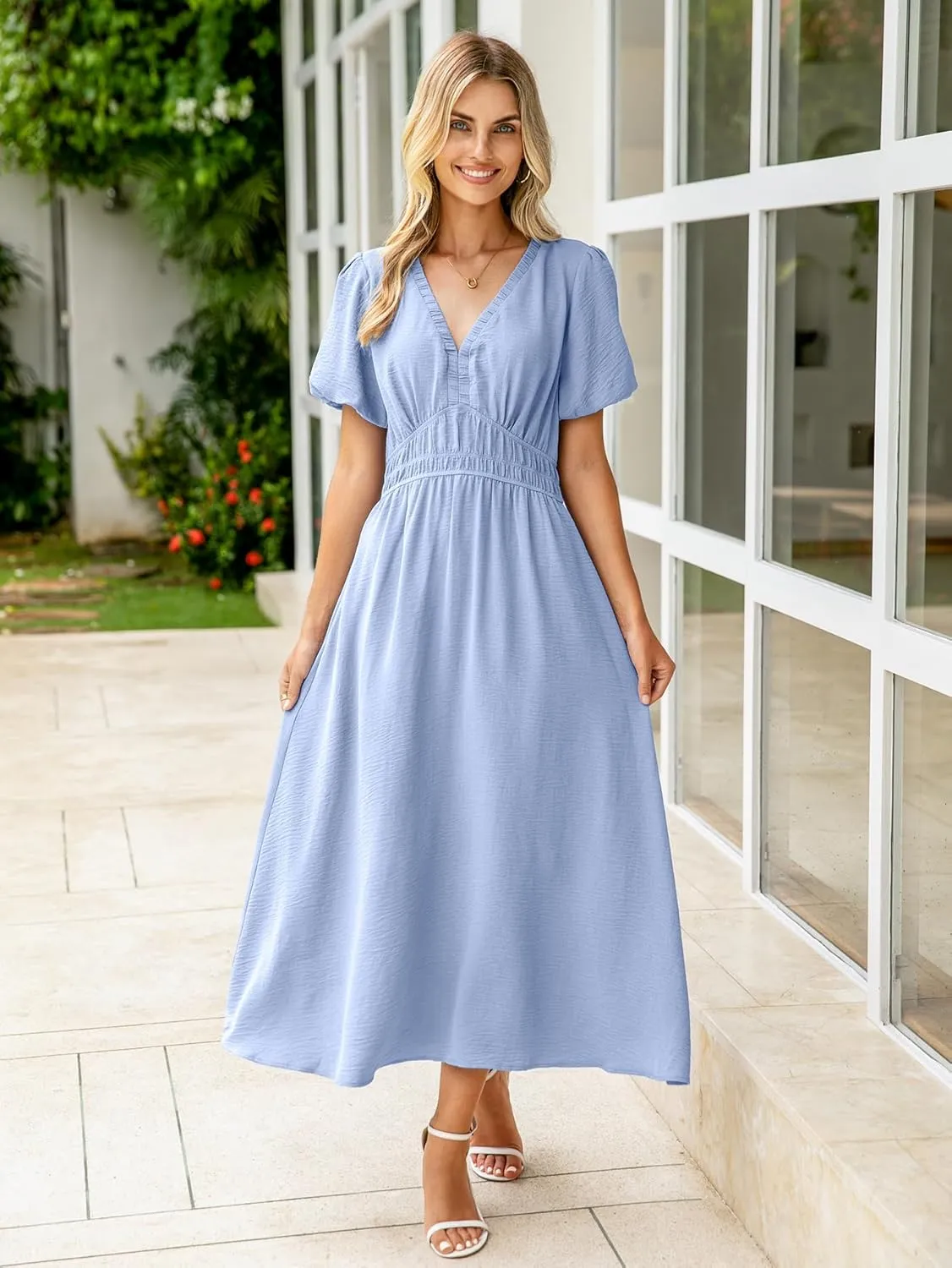 Simplee Women's Summer Flowy Midi Dress Casual V Neck Short Sleeve Empire Waist Boho Beach Dress Wedding Guest Maxi Dress