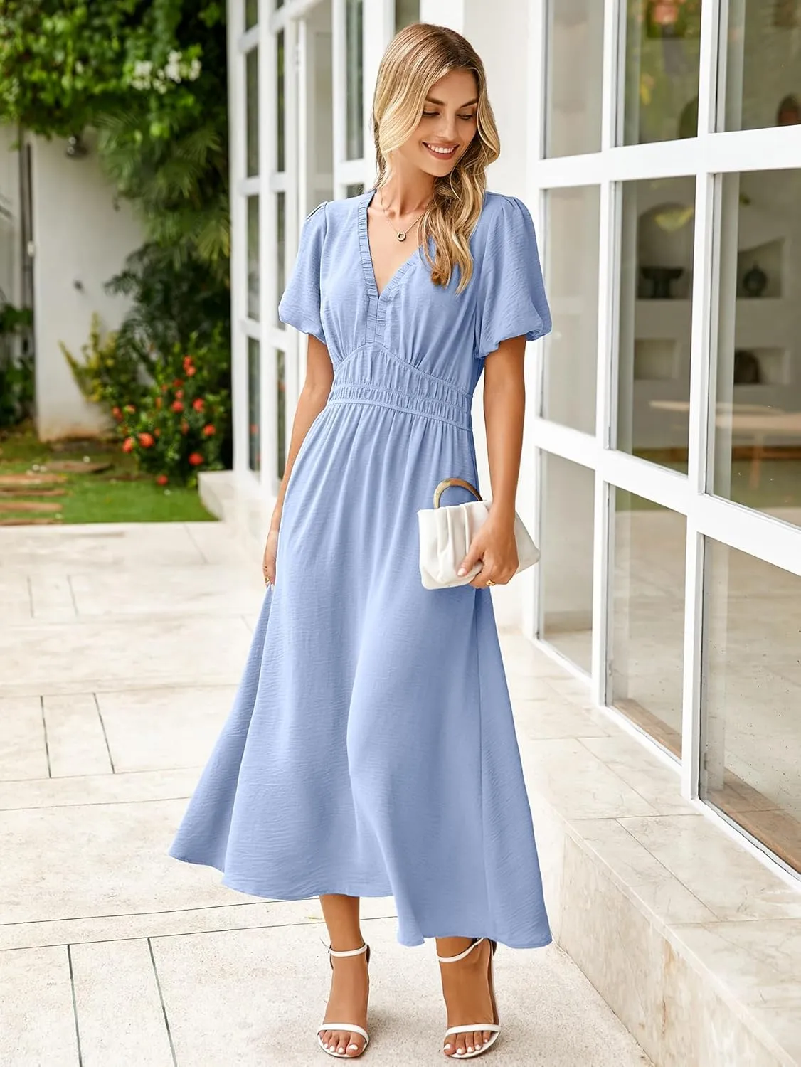 Simplee Women's Summer Flowy Midi Dress Casual V Neck Short Sleeve Empire Waist Boho Beach Dress Wedding Guest Maxi Dress
