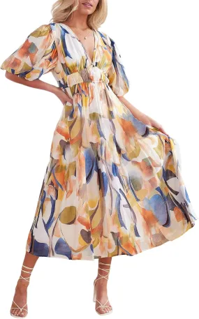 Sissyaki Women's Boho Floral Midi Dress Smocked Beach Flowy Dress