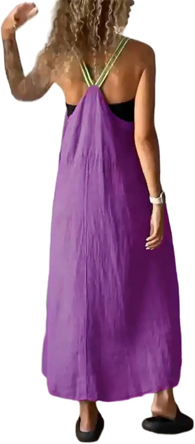 Spaghetti Strap Linen Dresses for Women Summer Casual Sleeveless Loose Dress Flowy Beach Lightweight Maxi Long Dress