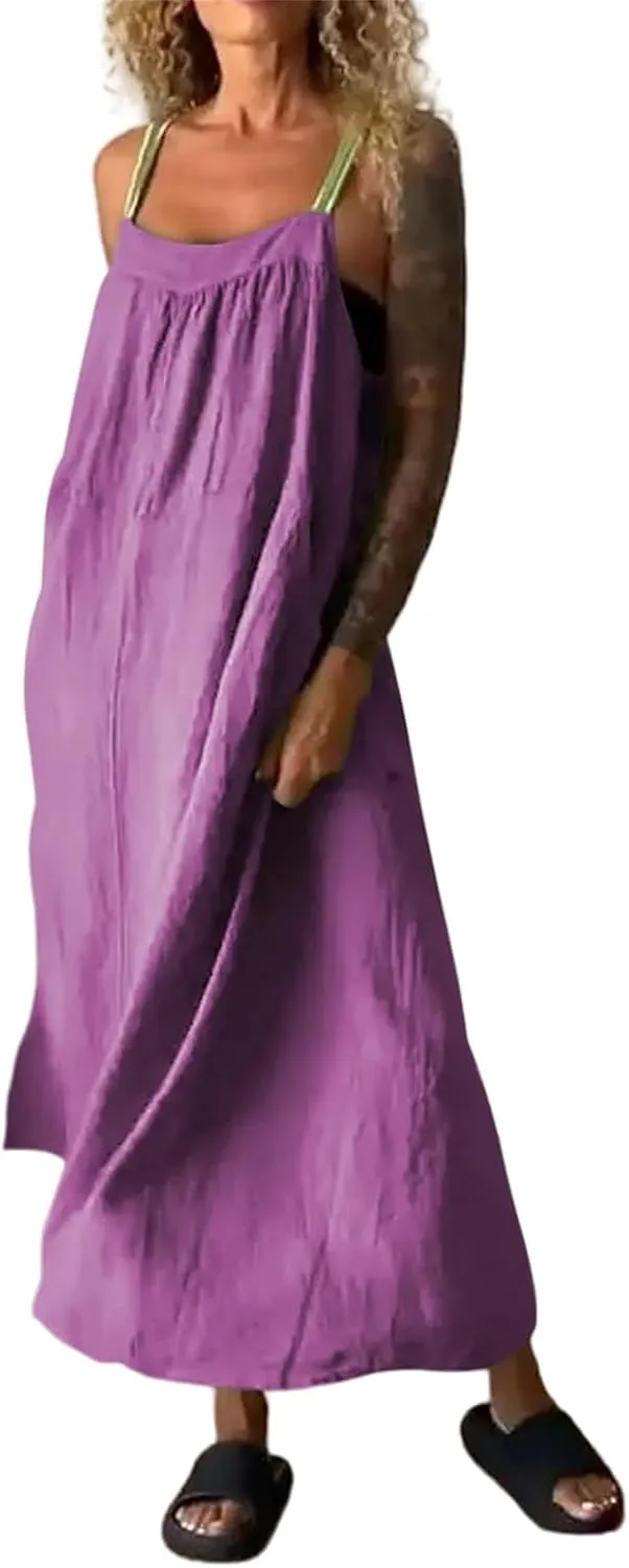 Spaghetti Strap Linen Dresses for Women Summer Casual Sleeveless Loose Dress Flowy Beach Lightweight Maxi Long Dress
