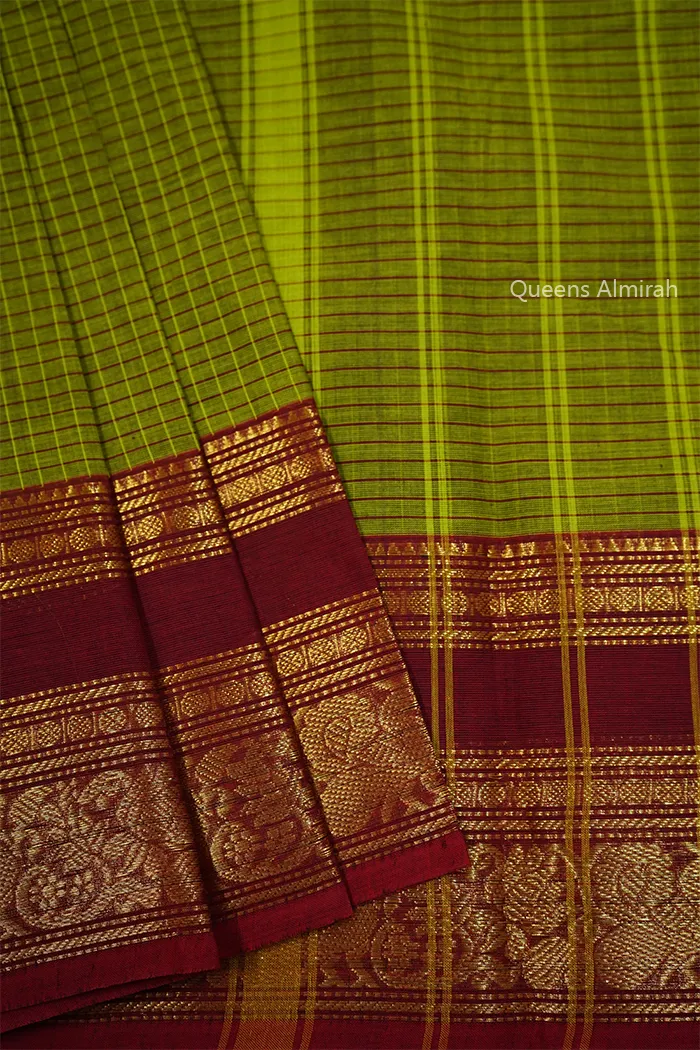 TAN GREEN WITH LIGHT MAROON KANCHI COTTON SAREE