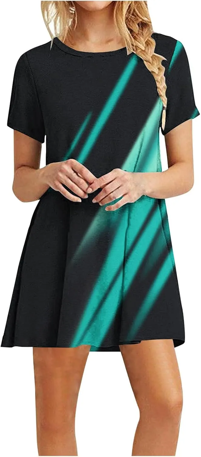 TANGNADE Womens Summer Dresses Crewneck Short Sleeve Sundresses Boho Beach Dress Casual Loose A Line Tshirt Sun Dress