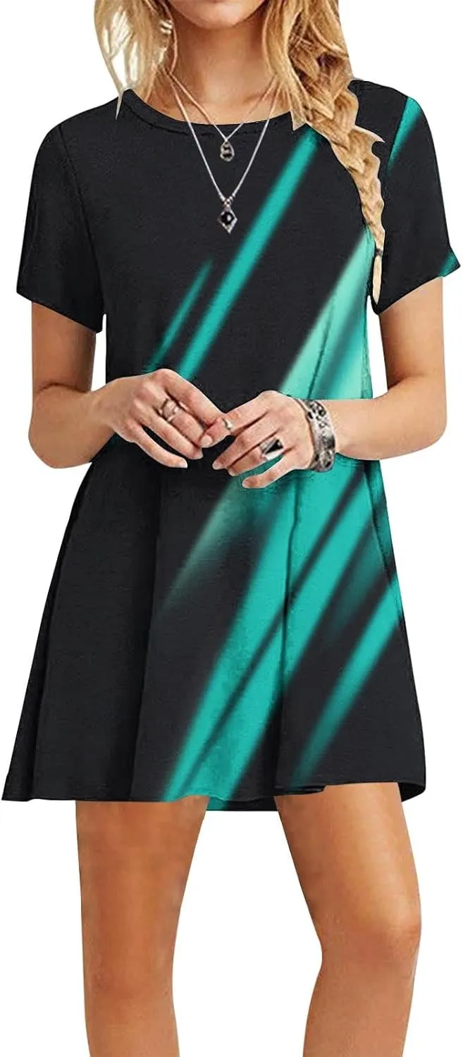 TANGNADE Womens Summer Dresses Crewneck Short Sleeve Sundresses Boho Beach Dress Casual Loose A Line Tshirt Sun Dress