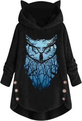 Trendy Hoodies for Women Owl Graphic Print Long Sleeve Buttons Cat Ear Tops Loose Comfortable Plush Sweatshirts