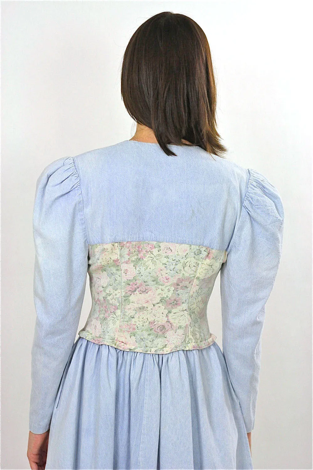 Vintage 80s Boho Chambray Gypsy Floral mini dress