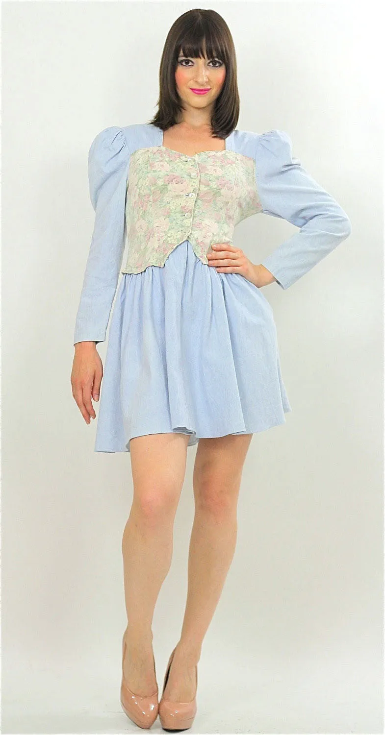 Vintage 80s Boho Chambray Gypsy Floral mini dress