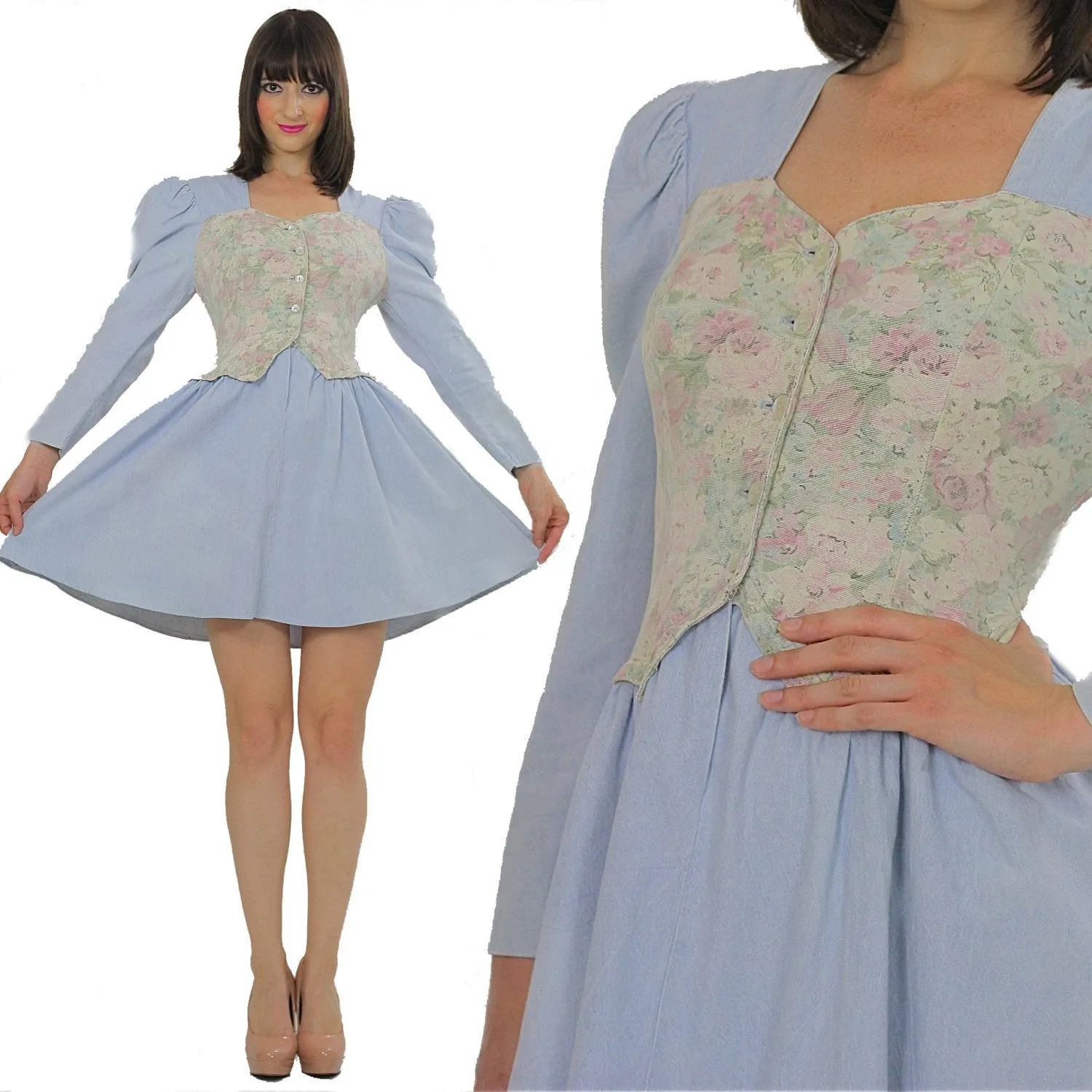 Vintage 80s Boho Chambray Gypsy Floral mini dress