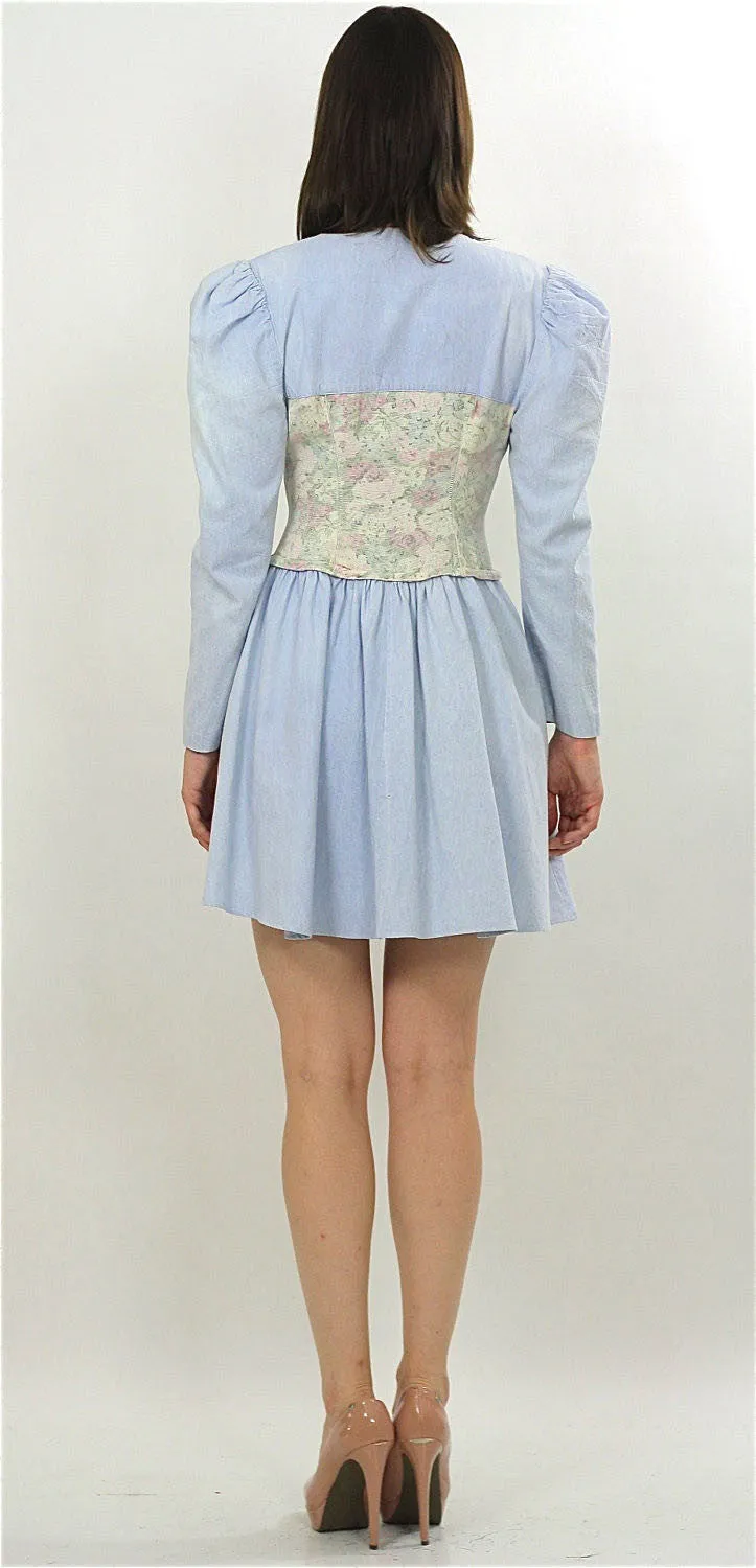 Vintage 80s Boho Chambray Gypsy Floral mini dress