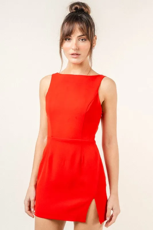 Waitlist 11/24 ♥ Justine Sleeveless Boat Neck Open Back Mini Dress Red