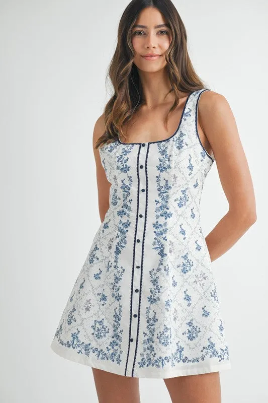 Waitlist 5/7 ♥ Lena Sleeveless Floral Print Flare Mini Dress Navy