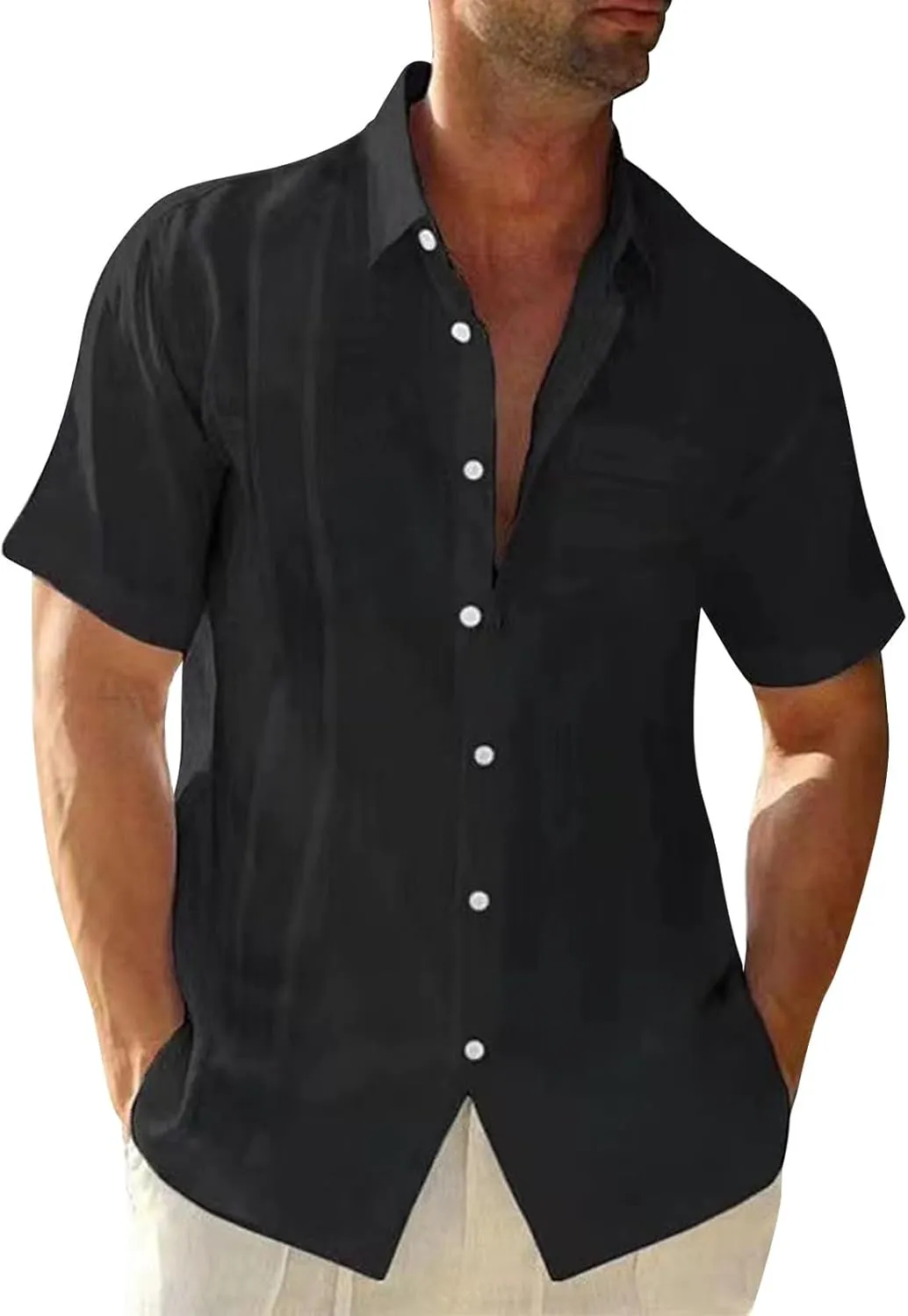 WENKOMG1 Mens Linen Shirt Summer Ramie Short Sleeve Tshirts Shirt Breathable Loose Fit Lightweight Beach Shirt