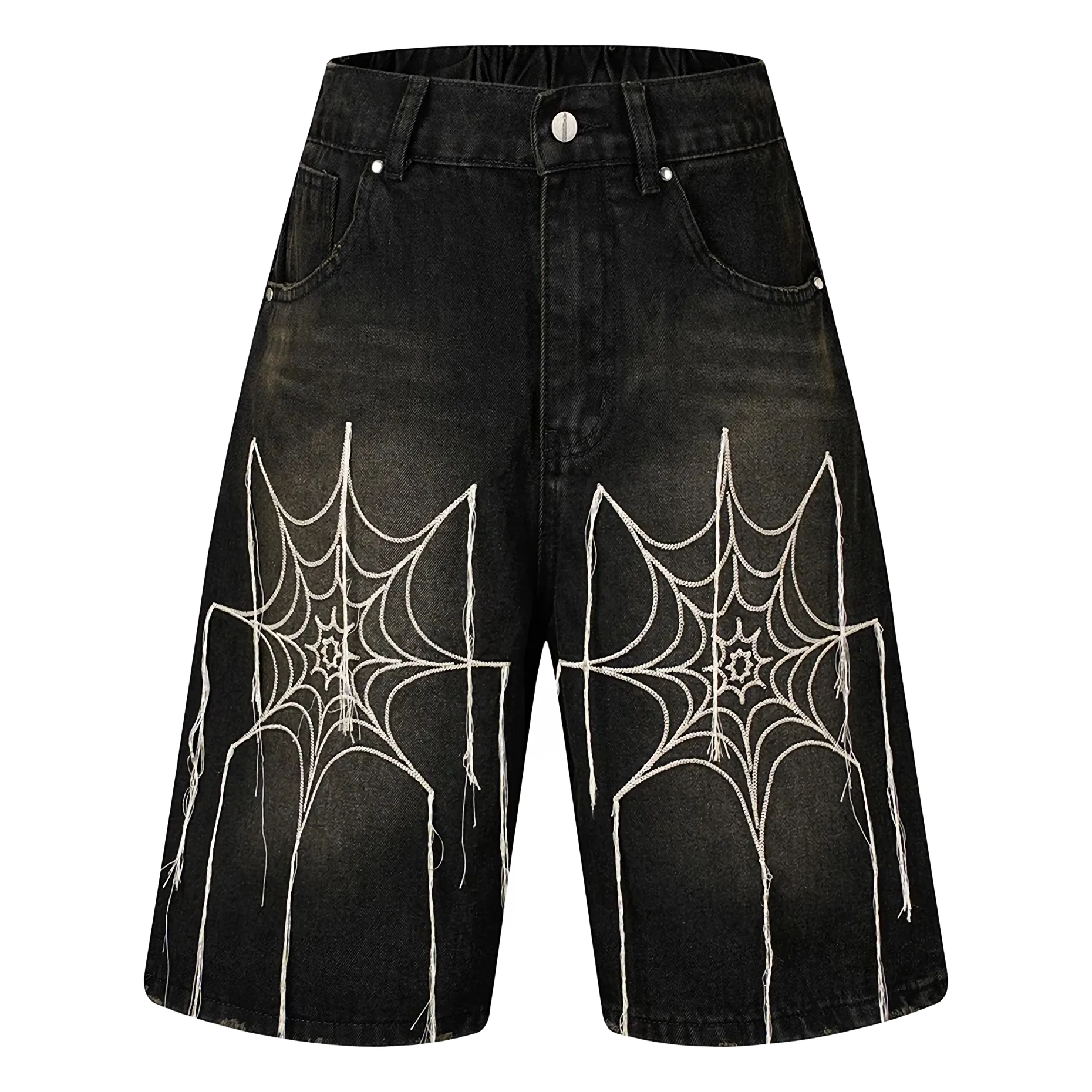 Wide Leg Webbed Denim Shorts