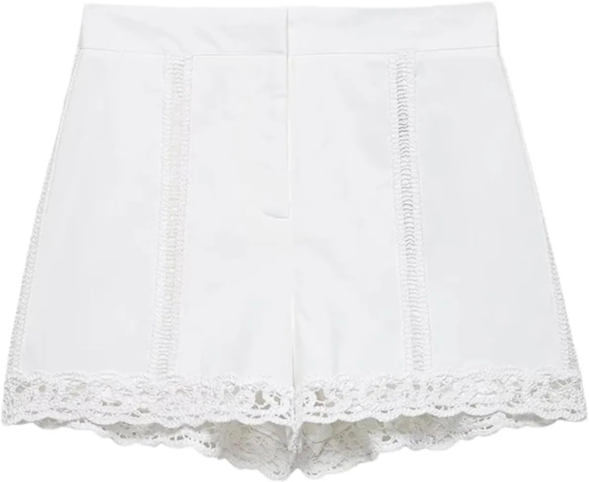 Women Fashion Lace Hem Front Zipper A-Line Mini Skirts Vintage High Waist Chic Mini Shorts Skirts