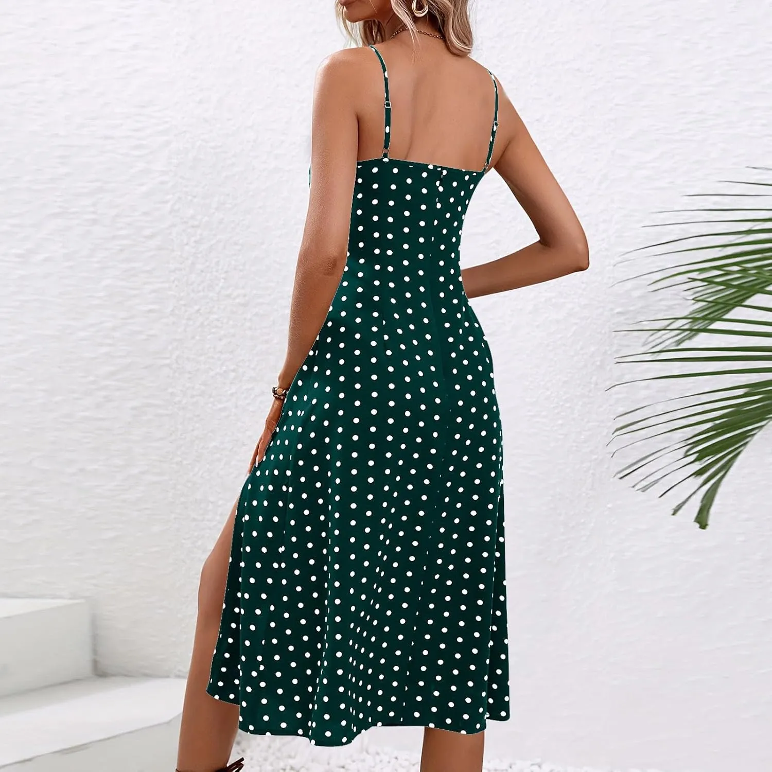 Women Polka Dot Summer Dresses Spaghetti Strap Beach Sundresses Casual Slit Dress Trendy Vacation Resort Clothing