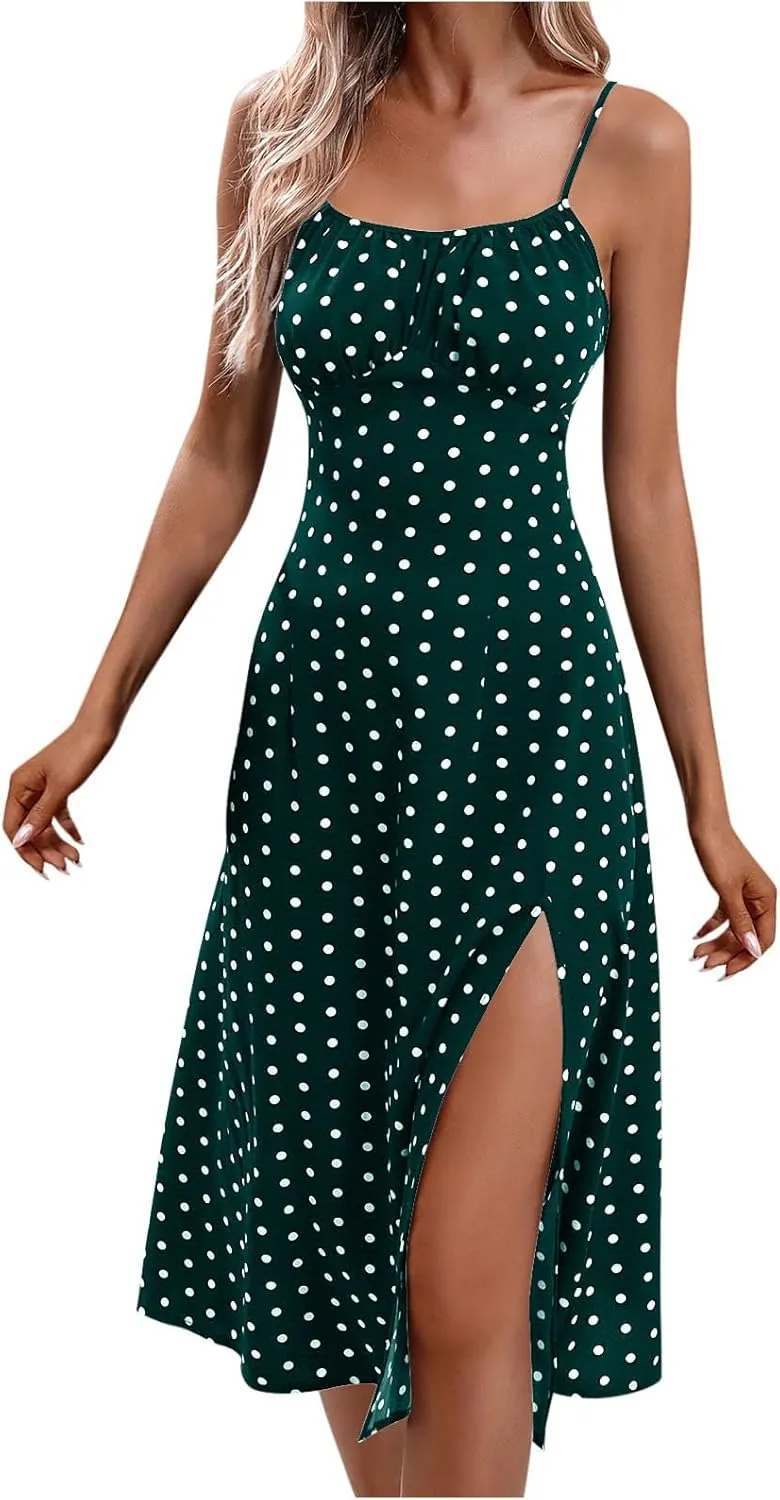 Women Polka Dot Summer Dresses Spaghetti Strap Beach Sundresses Casual Slit Dress Trendy Vacation Resort Clothing
