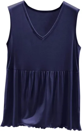 Women V Neck Ruffle Hem Sleeveless Babydoll Tank Top Soft Comfortable Pajama Tops Casual Loose Fit Flowy Shirt