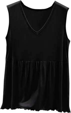 Women V Neck Ruffle Hem Sleeveless Babydoll Tank Top Soft Comfortable Pajama Tops Casual Loose Fit Flowy Shirt