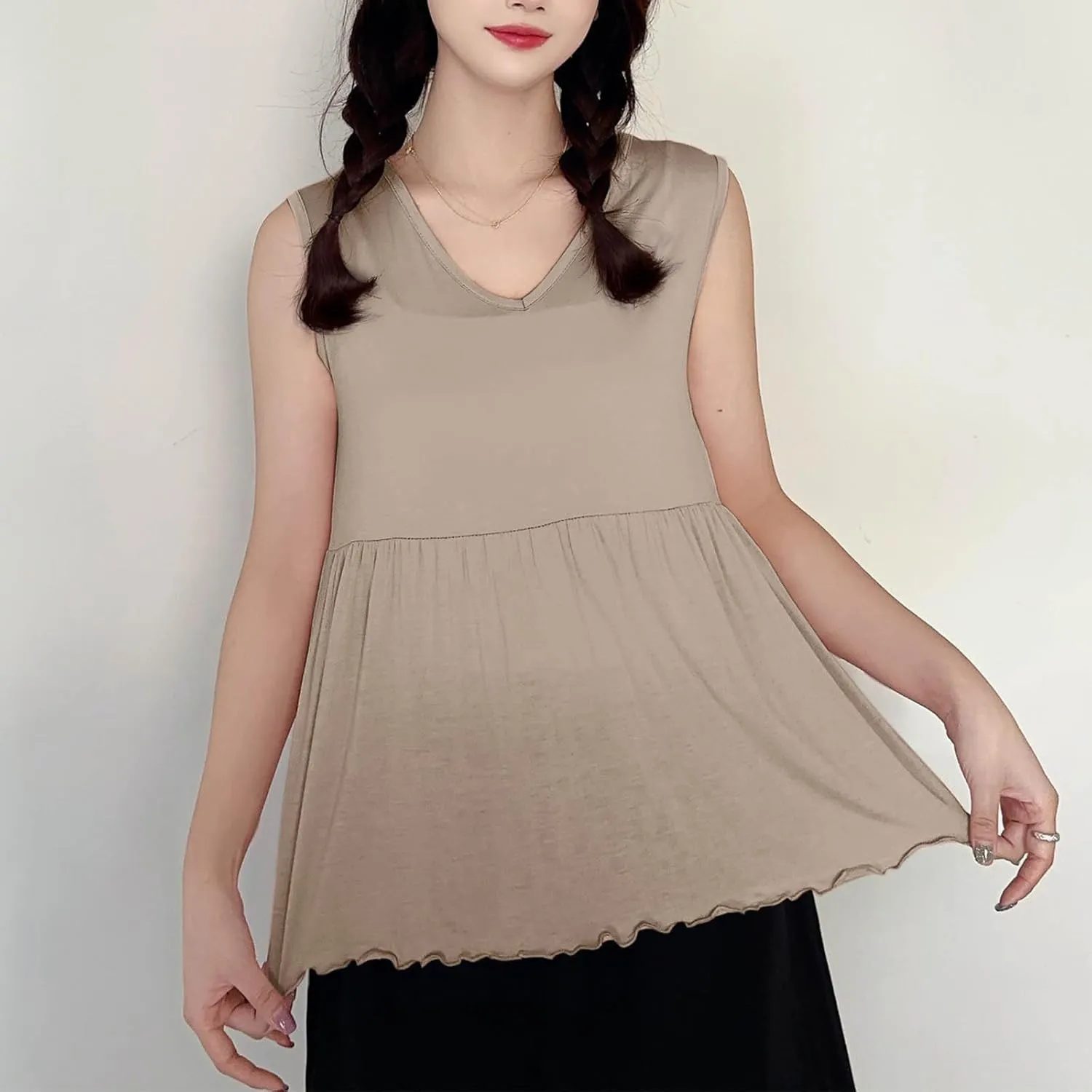Women V Neck Ruffle Hem Sleeveless Babydoll Tank Top Soft Comfortable Pajama Tops Casual Loose Fit Flowy Shirt