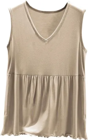Women V Neck Ruffle Hem Sleeveless Babydoll Tank Top Soft Comfortable Pajama Tops Casual Loose Fit Flowy Shirt