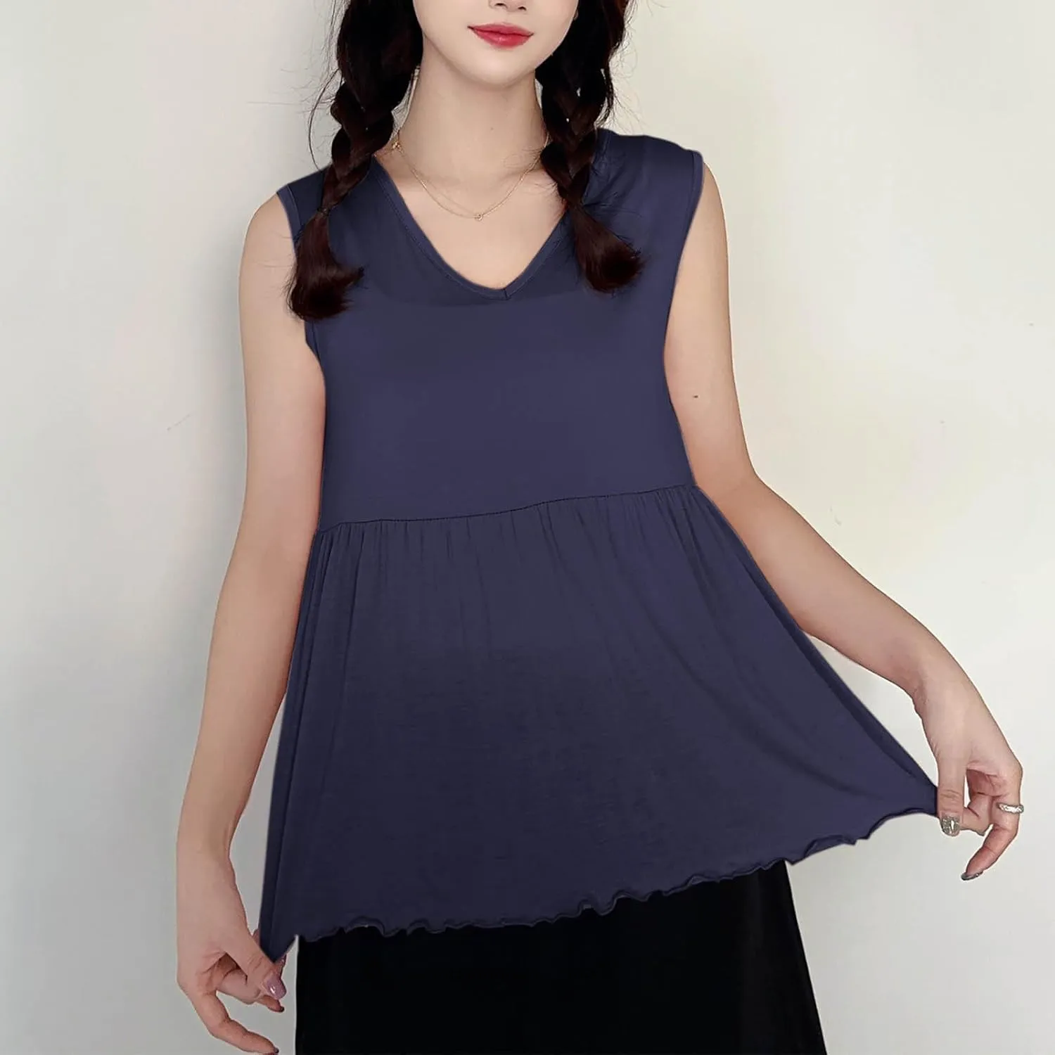 Women V Neck Ruffle Hem Sleeveless Babydoll Tank Top Soft Comfortable Pajama Tops Casual Loose Fit Flowy Shirt