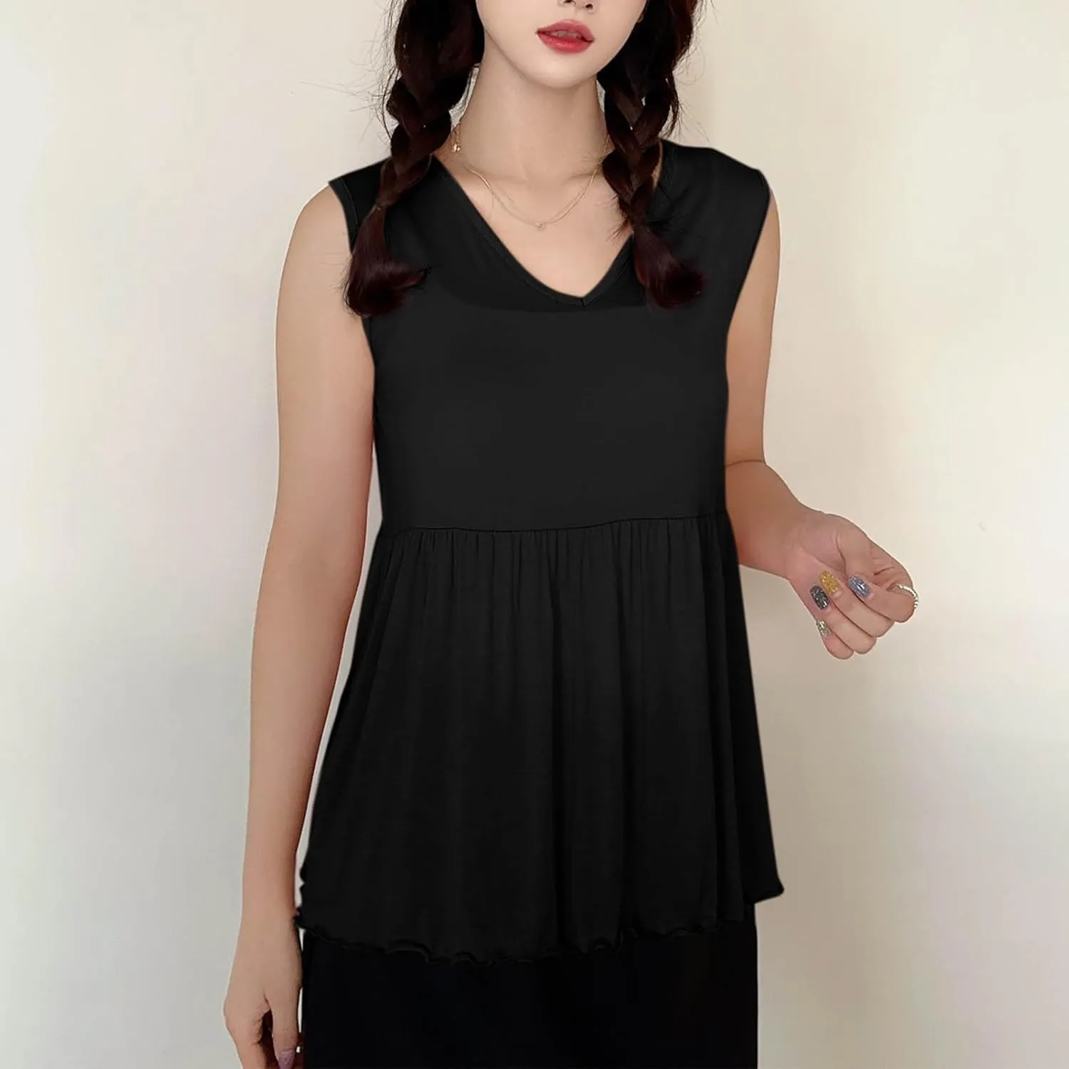 Women V Neck Ruffle Hem Sleeveless Babydoll Tank Top Soft Comfortable Pajama Tops Casual Loose Fit Flowy Shirt
