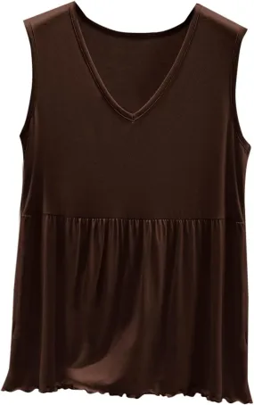 Women V Neck Ruffle Hem Sleeveless Babydoll Tank Top Soft Comfortable Pajama Tops Casual Loose Fit Flowy Shirt
