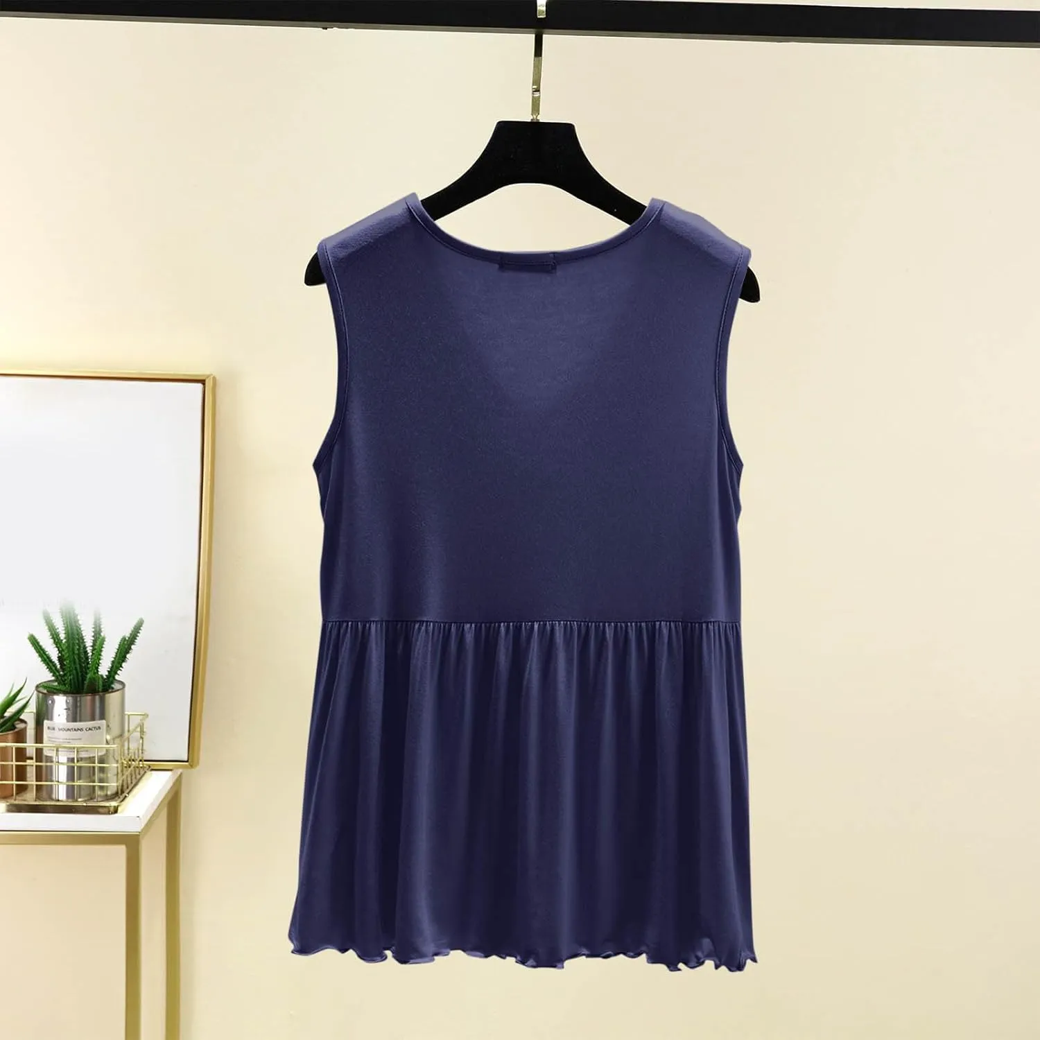 Women V Neck Ruffle Hem Sleeveless Babydoll Tank Top Soft Comfortable Pajama Tops Casual Loose Fit Flowy Shirt