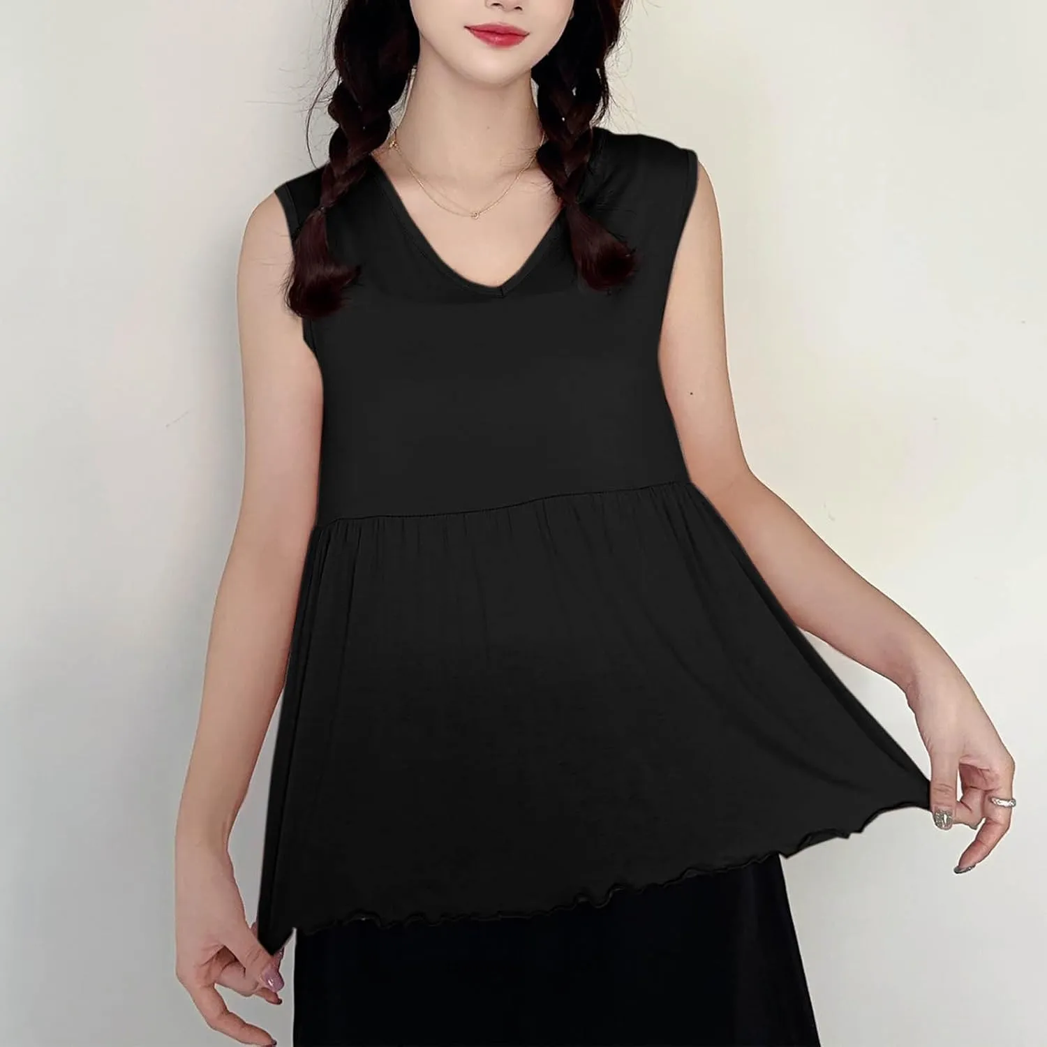 Women V Neck Ruffle Hem Sleeveless Babydoll Tank Top Soft Comfortable Pajama Tops Casual Loose Fit Flowy Shirt