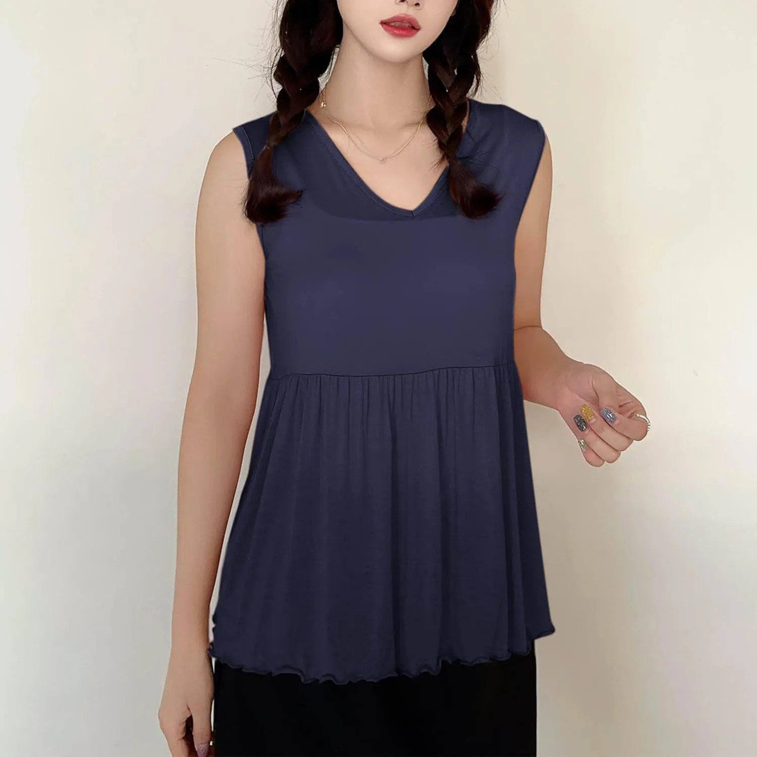 Women V Neck Ruffle Hem Sleeveless Babydoll Tank Top Soft Comfortable Pajama Tops Casual Loose Fit Flowy Shirt