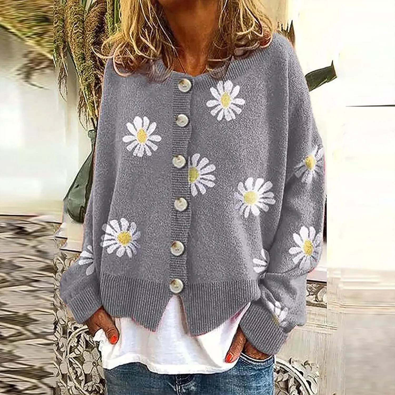 Womens 2023 Long Sleeve V Neck Button Down Cardigan Open Front Soft Chunky Knit Oversized Sweaters Coat with Pocket